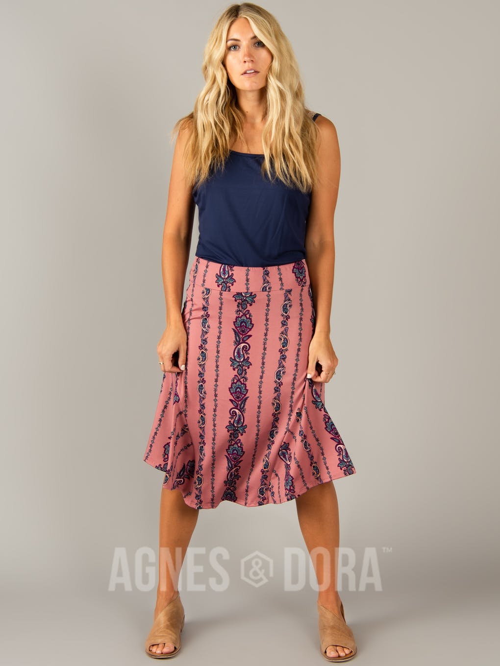 Agnes & Dora™ Midi Panel Skirt Mauve/Berry Boho Stripe