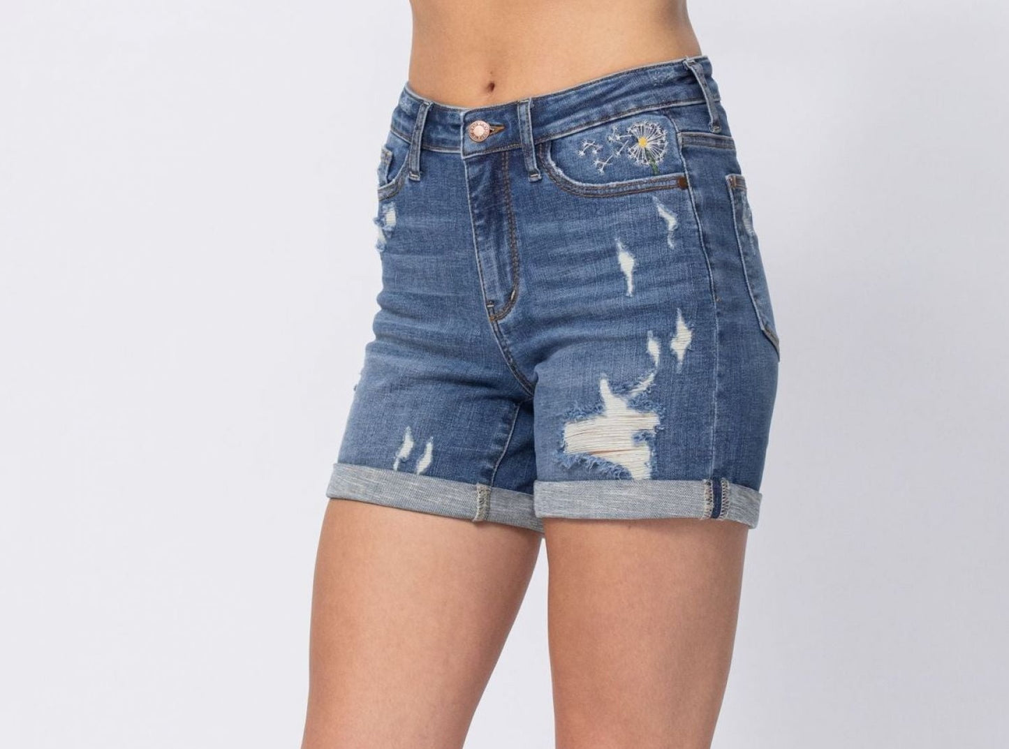 MidRise Dandelion Embroidery  Cuffed Shorts ( Cuff Is Not Sewn )